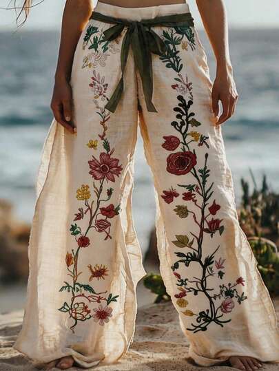 Balvessa Women's 2026 Summer New Floral Print Pants With Green Belt