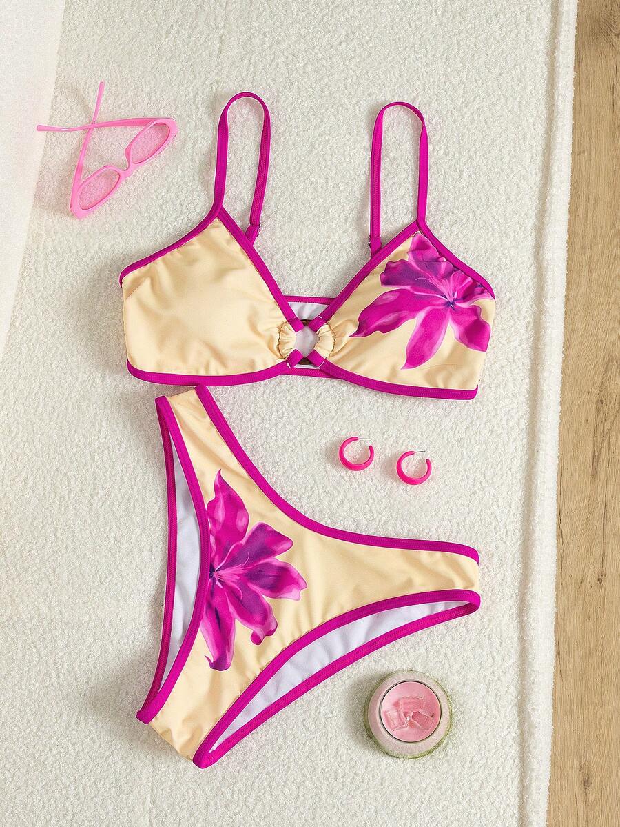Swim Mod Floral Print Circular Decor Spaghetti Strap Bikini Set - Multicolor - View 1