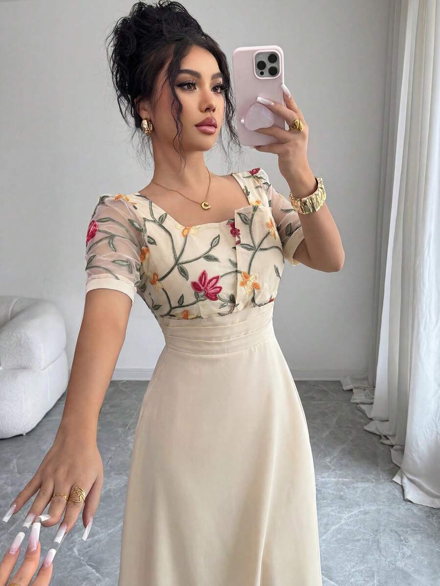 Elenzga 女士优雅不对称刺绣腰部度假连衣裙,夏季 - 杏色 - 查看 1