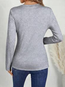 EMERY ROSE Áo thun nữ dài tay cổ chữ V tối giản, chất liệu cotton, thích hợp cho mùa thu/đông. - Màu Xám nhạt - Xem 2