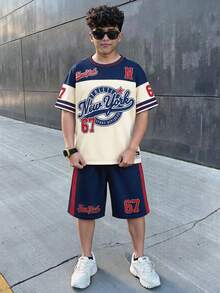 SHEIN 青少年男孩 2件組海軍藍夏季休閒開學棒球運動服，67號紐約字母嘻哈籃球球衣套裝 - 彩色 - 查看 6