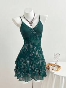 Elamini Robe femme, imprimé fleur de noix de cajou cachemire, marron vacances, patchwork contraste couleur maille imprimée - Vert sapin - Voir 5