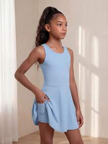 SHEIN Tween Girl Young Girls' Blue Sports Dress,Autumn Winter Casual Tennis Outfit Soft Stretchy Fabric For Exercise,Dance Practice Or Daily Play, Fall, Gym - Baby Blue - View 4