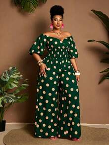 Maweii Plus Size Off-Shoulder Polka Dot Drawstring Waist Short Sleeve Jumpsuit For Vacation - Multicolor - View 2