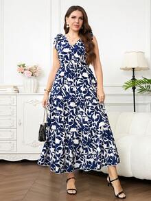 Reflora Plus Size Floral Print V-Neck Ruffle Hem Sleeveless Dress - Multicolor - View 8