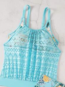 Swim Lushoire 2pcs/Set Summer Beach Women's Random Floral Print Tankini Top With Mesh Tummy Control And Hipster Shorts Swimwear Set - Blue - View 5