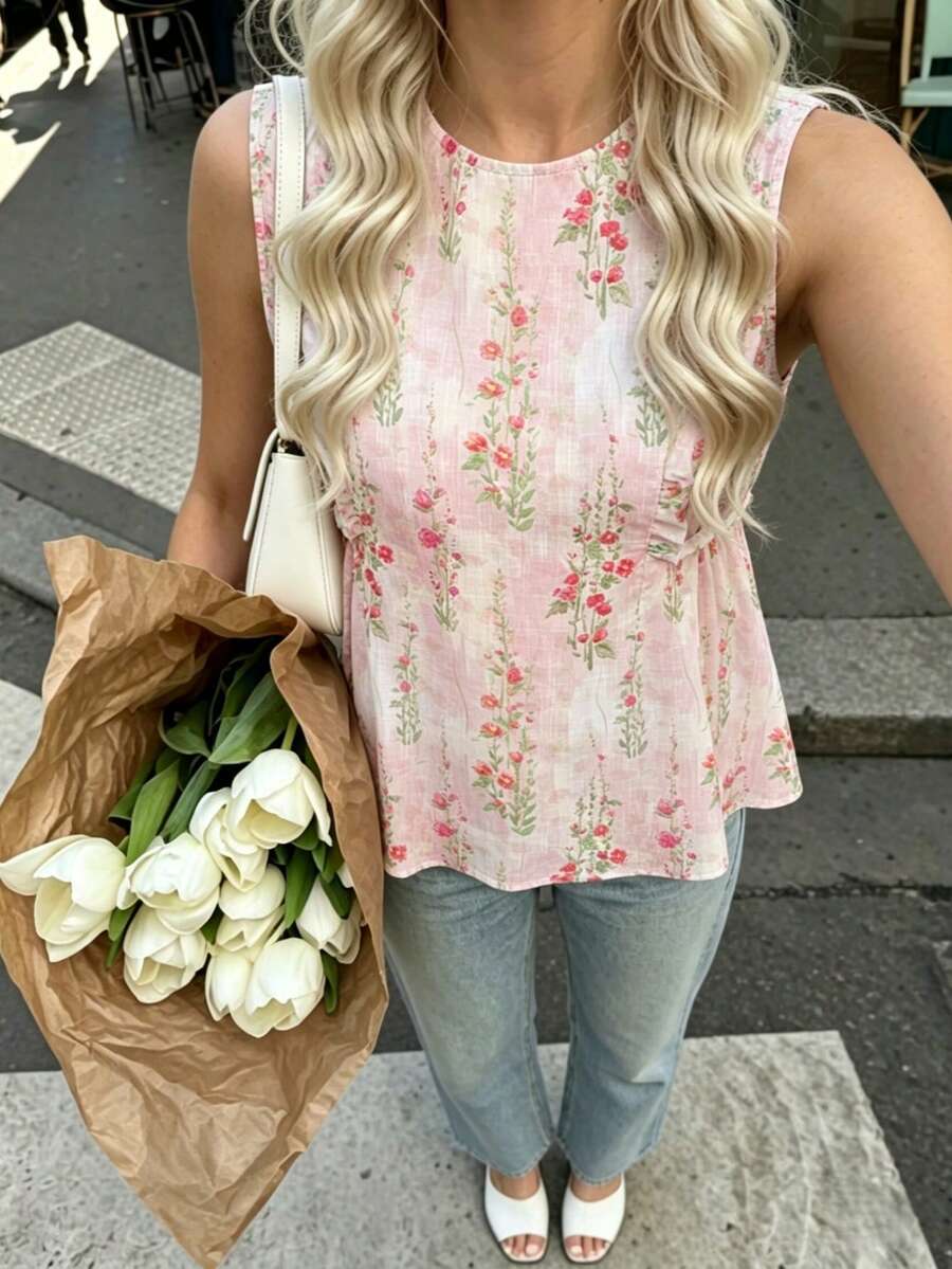 Franclia Women's Floral Print Pleated Casual Versatile Daily Wear Shirt - Pink - View 1
