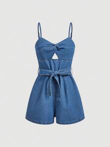 SHEIN MOD Bộ áo liền quần denim không tay khoét eo dành cho nữ - Màu xanh lam - Xem 1