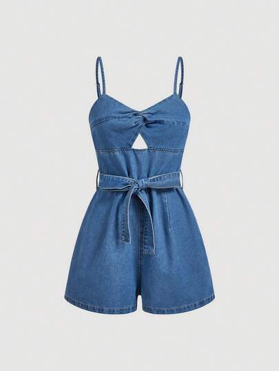 SHEIN MOD Women's Twist Cutout Sleeveless Denim Romper