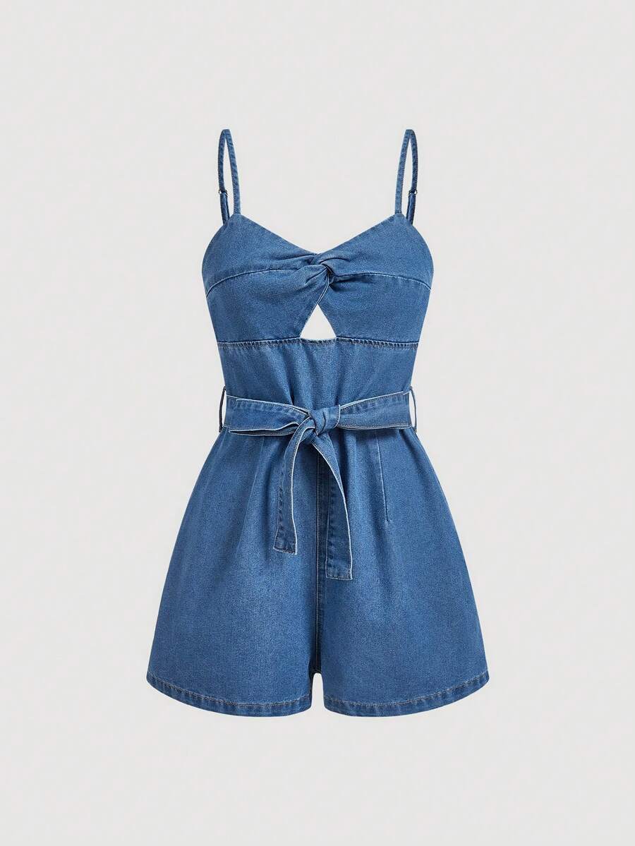 SHEIN MOD Bộ áo liền quần denim không tay khoét eo dành cho nữ - Màu xanh lam - Xem 1