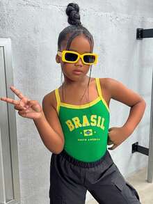 SHEIN Tween Girls' Knitted Color Block Casual Sport Romper With Spaghetti Straps - Green - View 1