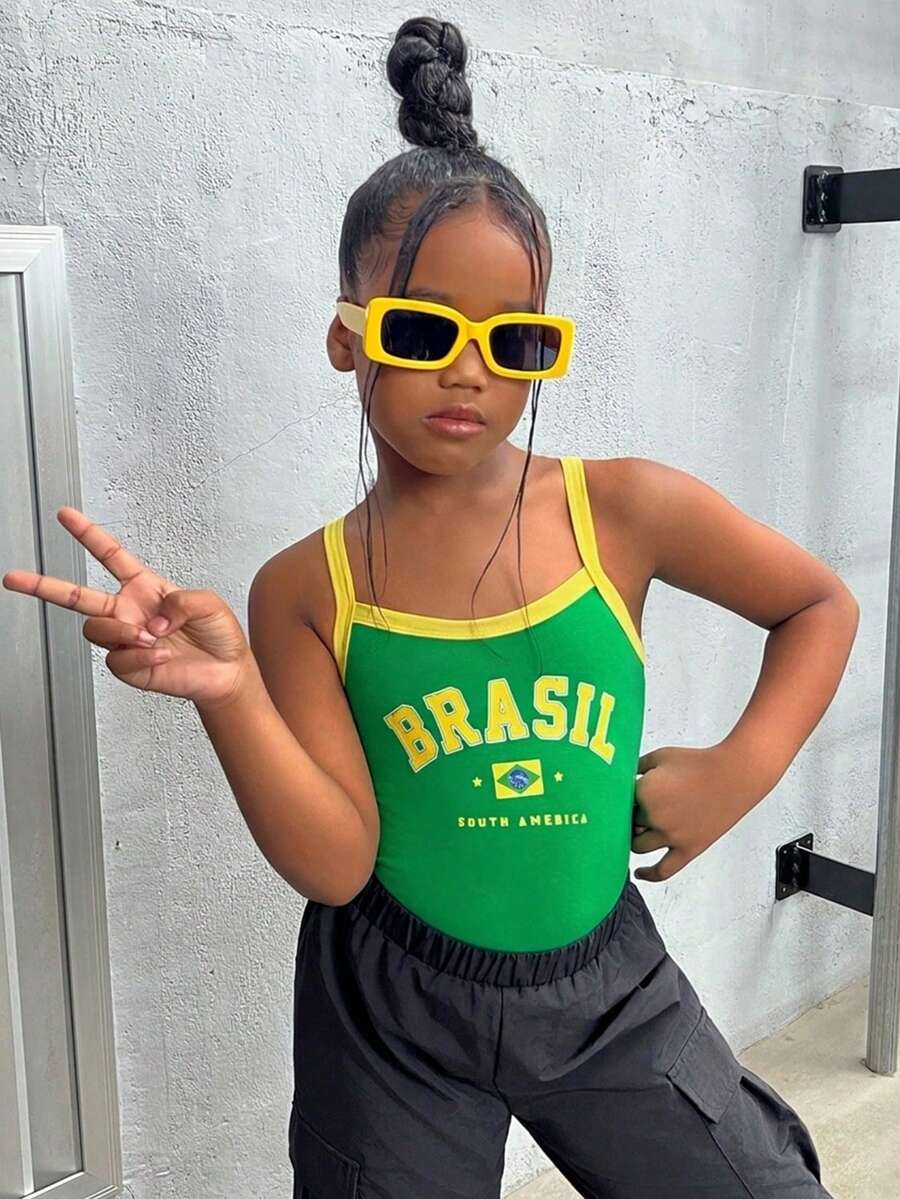 SHEIN Tween Girls' Knitted Color Block Casual Sport Romper With Spaghetti Straps - Green - View 1