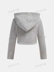 SHEIN ChillGRL Sudadera con capucha corta de forro polar para niña preadolescente - Ropa deportiva casual básica - Gris - Ver 2