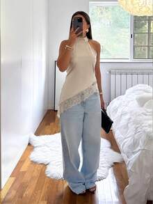 Firerie Áo camisole đen thanh lịch dành cho nữ, phối ren và satin, dây mảnh, vạt áo bất đối xứng, viền ren satin, gợi cảm và đa năng, phù hợp cho ngày Valentine, mùa hè, kỳ nghỉ biển, phong cách nhiệt đới bohemian và nhiều dịp khác. - Màu be - Xem 7