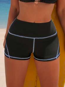 Swim SPRTY Women's High Waist Patchwork Sports Shorts, Slimming, Fashion Sporty, Spring/Summer Beach Black - Black - View 3