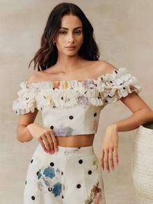 Anewsta Elegant Off Shoulder Floral Print Blouse With Ruffle Back Design, Linen-Feel Fabric, Suitable For Spring, Summer, Autumn And Winter - Beige - View 5