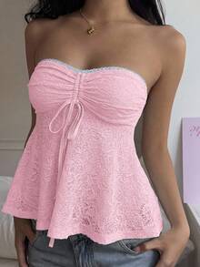 CovetEZ Áo kiểu nữ màu hồng nhạt, chất liệu ren jacquard, có dây rút, không dây vai, thích hợp mặc mùa hè. - Hồng - Xem 2
