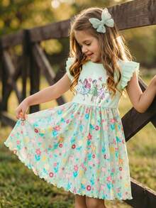 女童针织可爱花卉小鹿图案圆领休闲连衣裙 - 彩色 - 查看 3