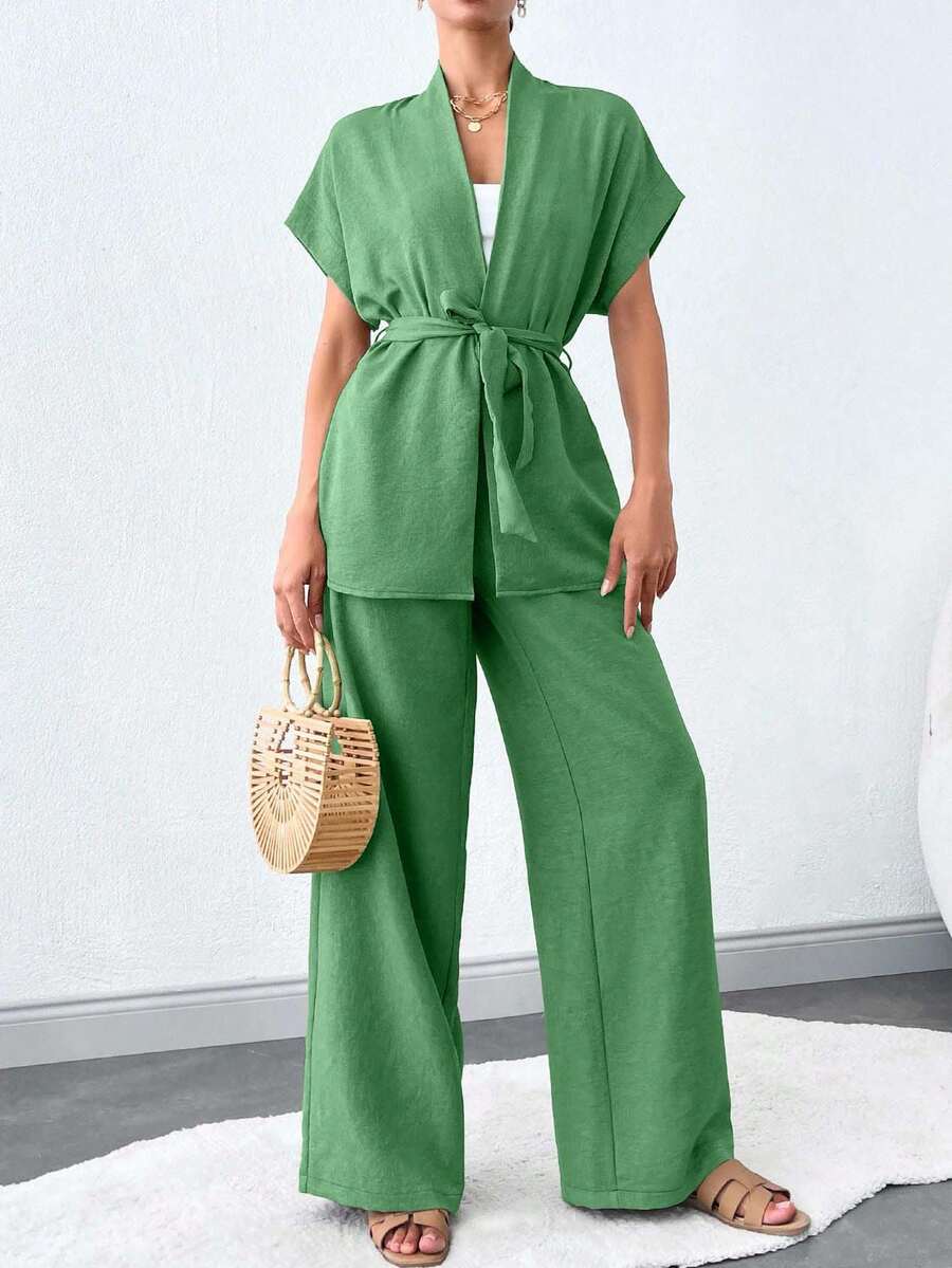 SHEIN Tall 度假休閒純色蝙蝠袖上衣與長褲套裝,適合高個女性 - 綠色 - 查看 1