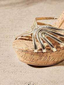 SHUZIA New Gorgeous Ladie's Gold Metallic Faux Leather Pu Cork Wrapped Strappy Platform Wedge Sexy Cute Comfort Day Party Spring Summer Holiday Dance Club Wedding Shoe - Gold - View 5