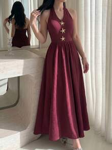 Modelyn Đầm midi dáng chữ A không tay màu đỏ dệt kim dành cho nữ, thích hợp cho mùa xuân/hè, với khóa kim loại ở eo, kiểu dáng thanh lịch và lãng mạn. - Màu Đỏ Sâu - Xem 5