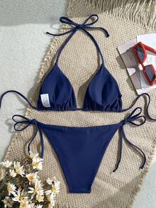 Swim Mod Bộ bikini hai mảnh buộc cổ màu trơn gợi cảm dành cho nữ mùa hè, kèm quần lót tam giác. - Màu xanh hải quân - Xem 2