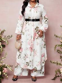 SHEIN Lady 大码女式印花单排扣长款上衣和裤子休闲两件套 - 彩色 - 查看 4