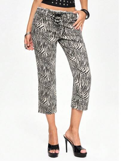 ROMWE Grunge Punk Women's Y2K Vintage Ultra Low Waist Drawstring Zebra Print Skinny Denim Capri Shorts