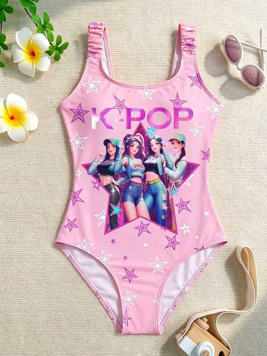 Tween Girls' Letter & Star Cartoon Girl Group Print Elastic Wide Strap One-Piece Swimsuit, Suitable For Beach, Pool, Water Sports - Pink - View 1