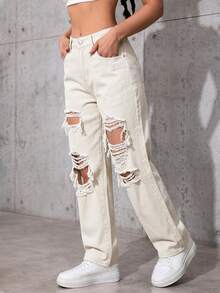 SHEIN ICON 女士口袋做旧直筒宽松休闲百搭牛仔裤 - 米色 - 查看 4