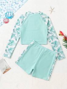 SHEIN Teen Girl Raglan Sleeve Tropical Plant Print Top And Shorts Swimwear Set - Mint Green - View 2