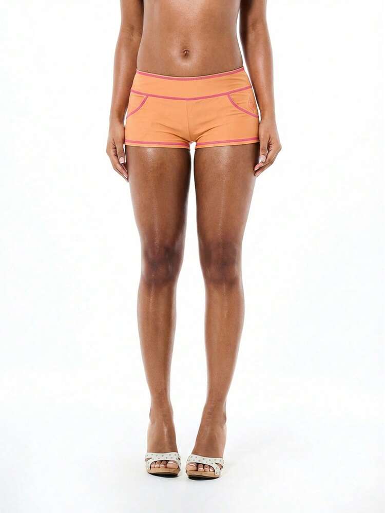 BABYPHAT Contrast Cover Stitch Bikini Bottom Swim Shorts With Signature Logo Print Orange Summer Beachwear
