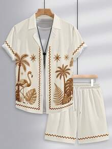 Alderstead Texture Fabric Men's Printed  Shirt And Shorts Set, Casual Holiday Outfit  Summer Clothes  Holiday Outfits   Summer Set Vacation Sets  Summer Two Piece Set  Matching Set Casual Street Style For Brunch, Resort Trips & Everyday Wear, Perfect Gift For Him, Brother & Young People - Multicolor - View 4