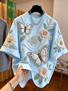 Airaco 大码女式百搭蝴蝶花朵印花圆领短袖T恤 - 藍色 - 查看 3
