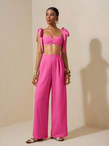 Zivah Bộ đồ đi biển mùa xuân hè mới, kiểu dáng thường ngày, áo crop top cổ trái tim buộc dây vai và quần ống rộng, màu mơ, chất liệu vải có họa tiết. - Màu Hồng Tươi - Xem 3