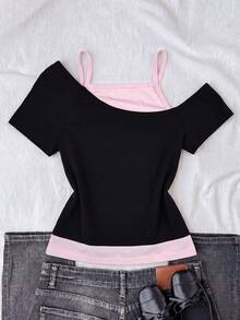 Teen Girl/Teen Girls Y2K Style Casual Minimalist Black & Pink Printed Ruched Tie Front Crop Top - Multicolor - View 2