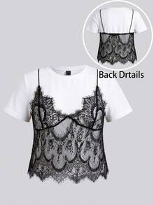 SHEIN Tall CURVE 大码女式圆领二合一蕾丝拼接休闲百搭日常T恤 - 黑與白 - 查看 1