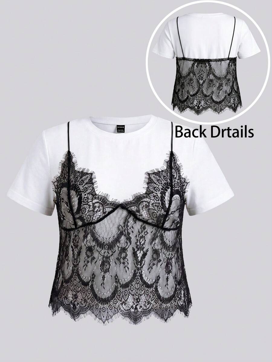 SHEIN Tall CURVE 大码女式圆领二合一蕾丝拼接休闲百搭日常T恤 - 黑與白 - 查看 1