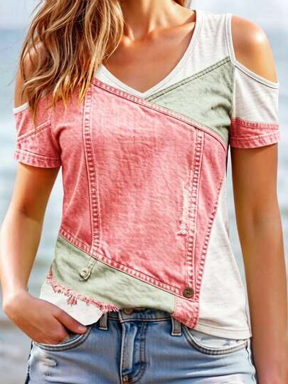 EMERY ROSE Camiseta asimétrica con estampado de corazón en contraste de color, ropa casual y de calle para mujer, adecuada para primavera y verano
