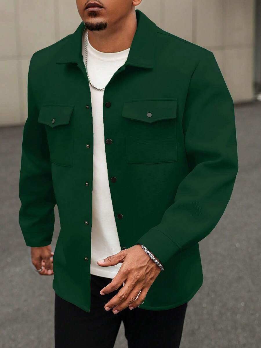Manfinity Homme Plus Size Men's Solid Color Long Sleeve Wool Shacket - Green - View 1
