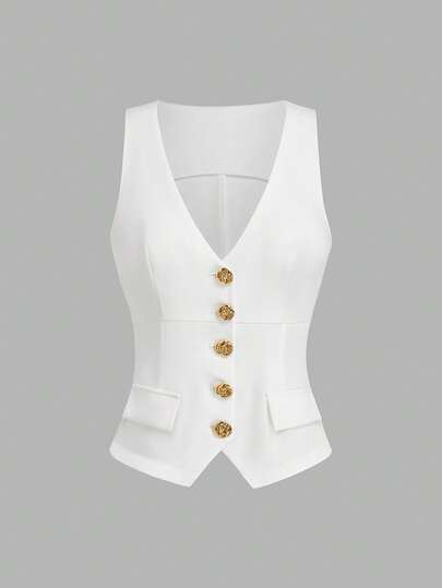 Sweetra Áo vest nữ thời trang, thanh lịch, ôm dáng, màu trơn, cài khuy kim loại vàng hồng độc đáo hình hoa hồng, dáng ngắn, không tay, kiểu bolero sang trọng.