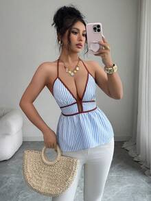 SHEIN Elenzya Bộ sưu tập mới mùa hè 2026, thanh lịch, đơn giản và thời trang, kiểu dáng đi nghỉ mát. Áo nữ cổ bèo nhún màu xanh trắng, viền eo xếp ly, thích hợp cho kỳ nghỉ, hẹn hò và mặc hàng ngày. - Xanh và trắng - Xem 4