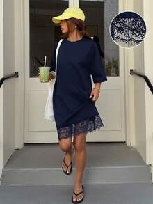 Muchica Women's Summer New Lace Patchwork Loose Short Sleeve T-Shirt Mini Dress - Navy Blue - View 1