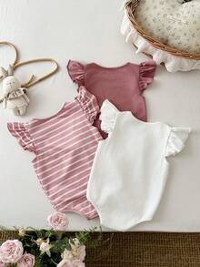 LMoss Kids 3件套女婴可爱针织荷叶边连体衣套装，夏季 - 彩色 - 查看 2