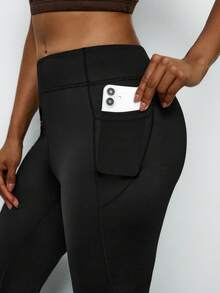 Levarali Celana Legging Olahraga Wanita Ukuran Besar Warna Polos Pas Badan Pinggang Tinggi dengan Kantong, Musim Panas - Hitam - View 4
