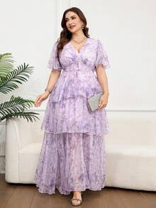 Reflora Plus Size Women Elegant Floral Print Dress - Mauve Purple - View 7