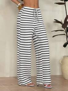 SHEIN PETITE 女士前系带条纹简约休闲裤，日常穿着 - 黑色 - 查看 5