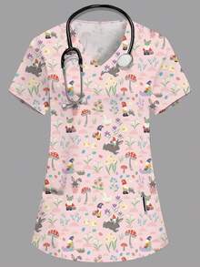 SHEIN Women's Pink V-Neck Short Sleeve Scrub Top,Cute Cartoon Rabbit Print Nurse Doctor Uniform,Veterinary Nutritionist Work Wear,Maid Functional Workwear - Pink - View 1