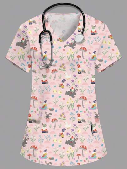 SHEIN 女士粉色V领短袖双口袋可爱卡通图案工作服上衣，兔子印花，护士/医生制服，兽医诊所服装，营养师工作服，多口袋实验服，实用女士工作服，可爱节日装扮