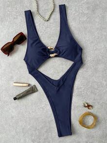 Bonvoyette Traje de baño de una pieza de vacaciones sexy con adorno único, de unicolor, con tirantes gruesos y parte delantera hueca - Azul Marino - Ver 3